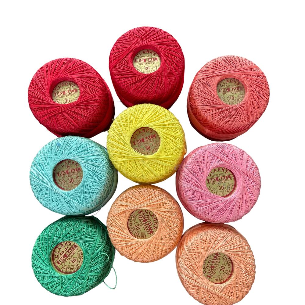 Clarks Big Ball 3 Cord Crochet Thread Mercerized Cotton Size 30 Lot of 9 Assort